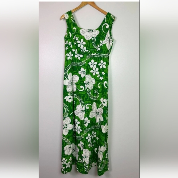 Vintage Hukilau Fashions Hawaiian Green White Floral Maxi Sleeveless Dress 12 L - Picture 2 of 16